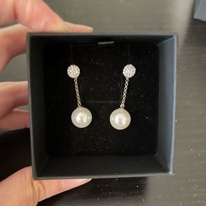 SOLD Brand new 925 sterling silver dangling pearl earrings with cubic zirconia